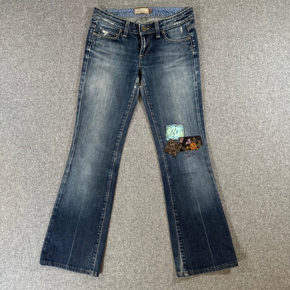 Paige Laurel Canyon Patchwork Flare Jeans Floral Star Boho Blue Denim 26 29x29